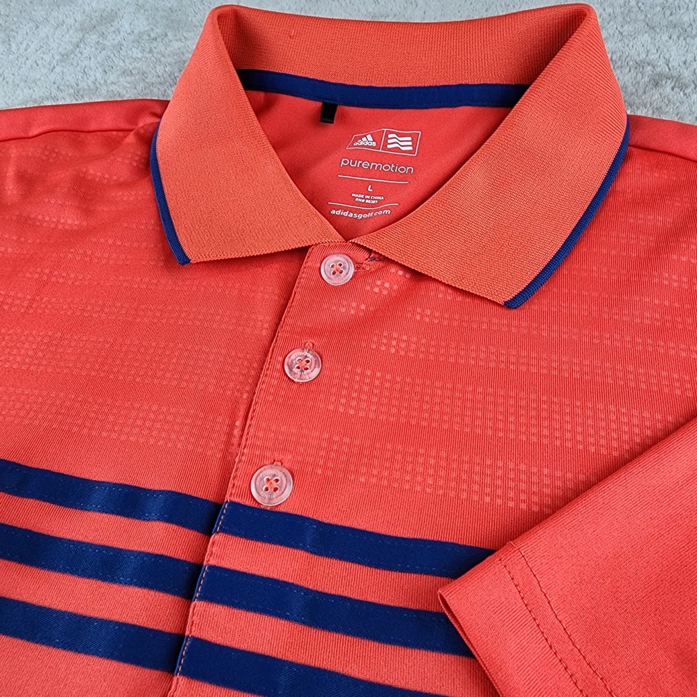 Adidas Golf Polo Shirt Puremotion Striped Athletic Orange Blue Large